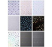 Okeeyseda 9Pcs Colorful Stars Nail Art Stickers Decals Self-Adhesive Silver Nail Supplies Nail Art Design Decoration Accessories