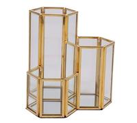 Okeeyseda Glass Copper Hexagon Composite Pen Holder Makeup Brush Glass Box Multifunction Desktop Organizer Office Accessories