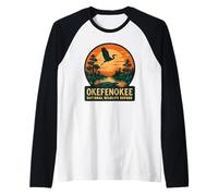 Okefenokee Wildlife Shirt Swamp Bird Gator Sunset Scene Raglan Baseball Tee