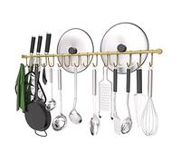 OKEPOO 304 Stainless Steel Kitchen Utensil Hanger - 30 Inch Wall Mount with 15 Noiseless Sliding Hooks, Pots and Pans Hanging Rack, Organizer Storage Perfect for Organizing Cooking Tools, Golden