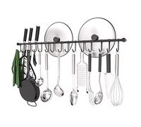OKEPOO 304 Stainless Steel Kitchen Utensil Hanger - 30 Inch Wall Mount with 15 Pcs Noiseless Sliding Hooks, Pots and Pans Hanging Rack, Organizer Storage for Spoon Peeler, Black