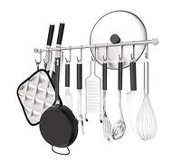 OKEPOO Bar Utensil Holder Kitchen Hanging Spoon Racks, 20 inch Wall Mounted Hanger with 10 Pcs Noiseless Sliding Hooks, Cooking Rail Bar Rack Organizer, 304 Stainless Steel. (Silver)
