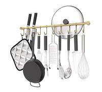 OKEPOO Kitchen Hanging Racks 304 Stainless Steel 20 Inch Rail Utensil Storage Hanger with 10 Pcs Noiseless Sliding Hooks, Wall Mounted Rod Holder for Pots Pan Spatula Spoon Cookware Mug Cup. (Golden)