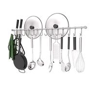 OKEPOO Kitchen Rail with Hooks, 30" Utensil Hanger with 15 Pcs Noiseless Sliding Hooks, Organizer Storage Holder Wall Mounted for Bathroom/Bedroom, 304 Stainless Steel, Silver