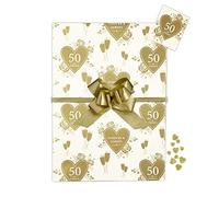 OKEPS Golden 50th Anniversary Wrap Pack, 2 Gift Paper Wrapping Sheets 2 Tags 2 Pull Bows and a Sprinkling of Gold Heart Confetti, Arrives in an A4 Boarded Envelope for Protection,