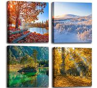 OKEXCKK Four Seasons Landscape Canvas Wall Art Decor - Spring Summer Autumn Winter Colorful Tree Painting Modern Nature Forest Prints Artwork Picture for Bathroom Office Decoration 16"x16"x4 Panels