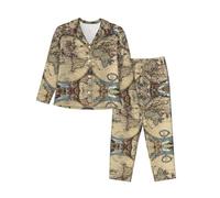 OKFSTY Ancient Map World Globe Printing Women Soft Pajama Set,Button Front Top With Elastic Waist Pants,Comfortable Household Clothes Black
