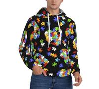 OKFSTY Autism Awareness Puzzle Pieces Heart Mens Sherpa Hoodie, Premium Fleece Lined Pullover With Adjustable Hood, Heavyweight Fleece Hoodie Black