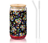 OKFSTY Autism Awareness Puzzle Pieces Heart Printing 16oz Drinking Glasses Set for Coffee Accessories Iced Beer Cups,Glass Cup Reusable for Gifts