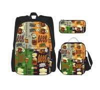 OKFSTY Beer 3pcs Backpack, 16" Boys Preschool Elementary Bookbag and Lunch Box Light Weight