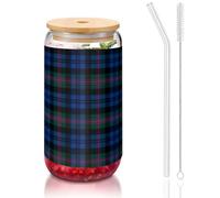OKFSTY Blue and Green Scottish Tartan Printing 16oz Drinking Glasses Set for Coffee Accessories Iced Beer Cups,Glass Cup Reusable for Gifts