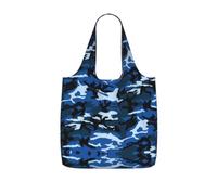 OKFSTY Blue Camo Print Printed Reusable Tote 25l Polyester Grocery Shopper Packable Washable Modern Carryall