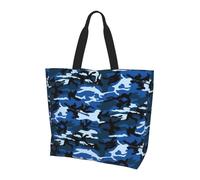 OKFSTY Blue Camo Printed Reusable Shoulder Bag For Women, Large Tote Shopping Bag With Pocket, Trendy Handbag For Work Gym Travel