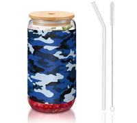 OKFSTY Blue Camo Printing 16oz Drinking Glasses Set for Coffee Accessories Iced Beer Cups,Glass Cup Reusable for Gifts