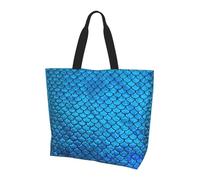 OKFSTY Blue Fish Scale Printed Reusable Shoulder Bag For Women, Large Tote Shopping Bag With Pocket, Trendy Handbag For Work Gym Travel