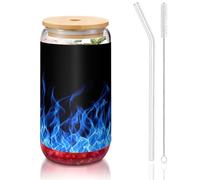 OKFSTY Blue Flame Printing 16oz Drinking Glasses Set for Coffee Accessories Iced Beer Cups,Glass Cup Reusable for Gifts