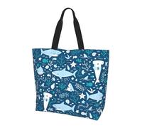 OKFSTY Cute Blue Fish Printed Reusable Shoulder Bag For Women, Large Tote Shopping Bag With Pocket, Trendy Handbag For Work Gym Travel