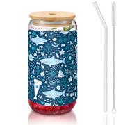 OKFSTY Cute Blue Fish Printing 16oz Drinking Glasses Set for Coffee Accessories Iced Beer Cups,Glass Cup Reusable for Gifts