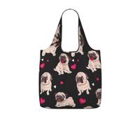 OKFSTY Cute Pug Print Printed Reusable Tote 25l Polyester Grocery Shopper Packable Washable Modern Carryall