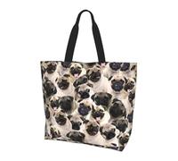 OKFSTY Cute Pug Printed Reusable Shoulder Bag For Women, Large Tote Shopping Bag With Pocket, Trendy Handbag For Work Gym Travel