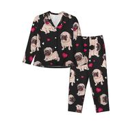 OKFSTY Cute Pug Printing Women Soft Pajama Set,Button Front Top With Elastic Waist Pants,Comfortable Household Clothes Black