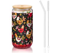 OKFSTY Cute Rooster Chickens Printing 16oz Drinking Glasses Set for Coffee Accessories Iced Beer Cups,Glass Cup Reusable for Gifts