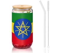 OKFSTY Flag of Ethiopia Printing 16oz Drinking Glasses Set for Coffee Accessories Iced Beer Cups,Glass Cup Reusable for Gifts