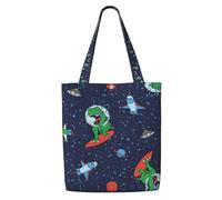 OKFSTY Funny Astronaut Dinosaur Rocket Canvas Tote Bag, Pockets, Durable, Lightweight, Polyester Shopping Cloth Bag, Gifts