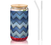 OKFSTY Gradient Blue Denim Printing 16oz Drinking Glasses Set for Coffee Accessories Iced Beer Cups,Glass Cup Reusable for Gifts