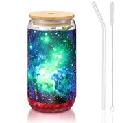 OKFSTY Green Blue Purple Galaxy Printing 16oz Drinking Glasses Set for Coffee Accessories Iced Beer Cups,Glass Cup Reusable for Gifts