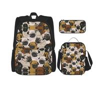 OKFSTY Imagen De Pug 3pcs Backpack, 16" Boys Preschool Elementary Bookbag and Lunch Box Light Weight