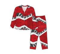 OKFSTY Music Note Piano Printing Women Soft Pajama Set,Button Front Top With Elastic Waist Pants,Comfortable Household Clothes Black
