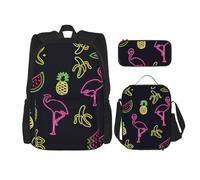 OKFSTY Pineapple Banana Flamingo 3pcs Backpack, 16" Boys Preschool Elementary Bookbag and Lunch Box Light Weight