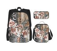 OKFSTY Red Flower Leopard 3pcs Backpack, 16" Boys Preschool Elementary Bookbag and Lunch Box Light Weight