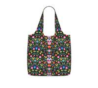 OKFSTY Sugar Horror Skull And Flowers Print Printed Reusable Tote 25l Polyester Grocery Shopper Packable Washable Modern Carryall