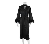 OKGD Bride Robe with Feather White Boudoir Dress Long Silk Bridal Lace Dressing Gown Bridesmaid Gifts Satin Feather Trim Bride Kimono-Black-M