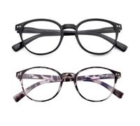 OKH 2 Pack Reading Glasses Blue Light Blocking for Men Women Round Computer Readers Anti Glare/Eye Strain Reduce Headaches Reading Eyeglasses with Spring Hinges(Black+Purple Tortoise, +2.00)