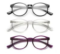 OKH 3 Pack Blue Light Blocking Round Reading Glasses, Mens Womens Unisex Anti Eye Strain/Headache Reading Eyelasses with Spring Hinge TR90 Frame(Black+Gray+Purple +1.75)