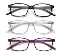 OKH Reading Glasses 3-Pack TR90 Ultra Light Strong Square Frame Readers Blue Light Blocking Clear Lens Spring Hinges Pattern Design for Men And Women(Black+Gray+Purple +4.0)