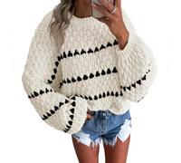 Okiwam Womens Long Sleeve Sweaters Crew Neck Striped Color Block Pullover 2024 Fall Fashion Oversized Soft Cable Knit Jumper, White, M