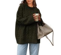 Okiwam Women's Oversized Sweaters Crewneck Cable Knit Pullover Casual Loose Fall Outfits Fashion Clothes 2025, Army Green, Small