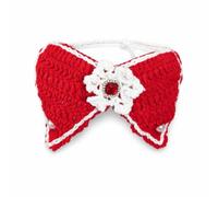 Okiyakusama Pet Bandana or Pet Bow Tie for, Pet Scarf, Red Bow Tie, Red Crochet Bow Tie with White Flower and Gem, Red