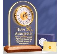 OkiyiD Crystal Clock 50th for Parents - Golden Wedding Anniversary Present for Mum and Dad - Illuminated Desk Clock with Wooden Base - Nightstand Decor for Bedroom