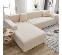 OKJK Jacquard sofa cover corner shape all-inclusive elastic solid color thickening modern simple Chaise longue cover, Living room combination sofa protector (Off-white,3 seater and 3 seater)