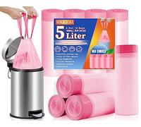 OKKEAI Tie Handle Bin Bags 5L Waste Paper Bin Liner Small Bathroom Pedal Trash Bags 72 Counts Drawstring Pink Rubbish Bags for Toilet,Office,Bedroom Fit 3L,4L,5L,6L Garbage Bin