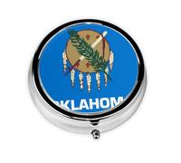Oklahoma State Flag Round Mini Pill Box: 3-Compartment Portable Metal Pill Organizer with Snap Closure, Ideal for Daily Travel Use