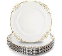 Okllen - 12 Pack Round Plastic Plates, 13" Dinner Charger with Gold Rim, Classic Charger Serving Plates for Catering Wedding Table Decor, White, Trim