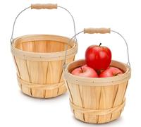 Okllen 2 Pack Round Wooden Baskets with Handle, Empty Wood Fruit Buckets, Fall Harvest Basket for Display Fruits Vegetables, Home Garden and Party Supplies, Natural Color