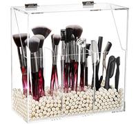 Okllen 3-in-1 Makeup Brush Organizer, Premium Acrylic Dustproof Cosmetic Brush Container with White Pearls, Clear Cosmetic Brush Holder Case Cosmetic Storage for Vanity Table Storage, Bathroom
