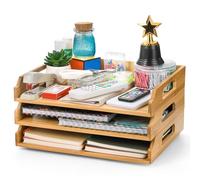 Okllen 3 Pack Stackable Paper Trays, Bamboo Desk Letter Tray Set, 3 Tier File Document Organizer Tray for A4 Paper, Magazine, Receipts, Office Supplies
